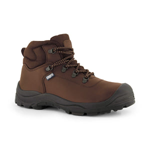 Dapro FELE2S3C veiligheidsschoenen in bruin, voorkantaanzicht, met S3-bescherming voor maximale veiligheid en comfort.